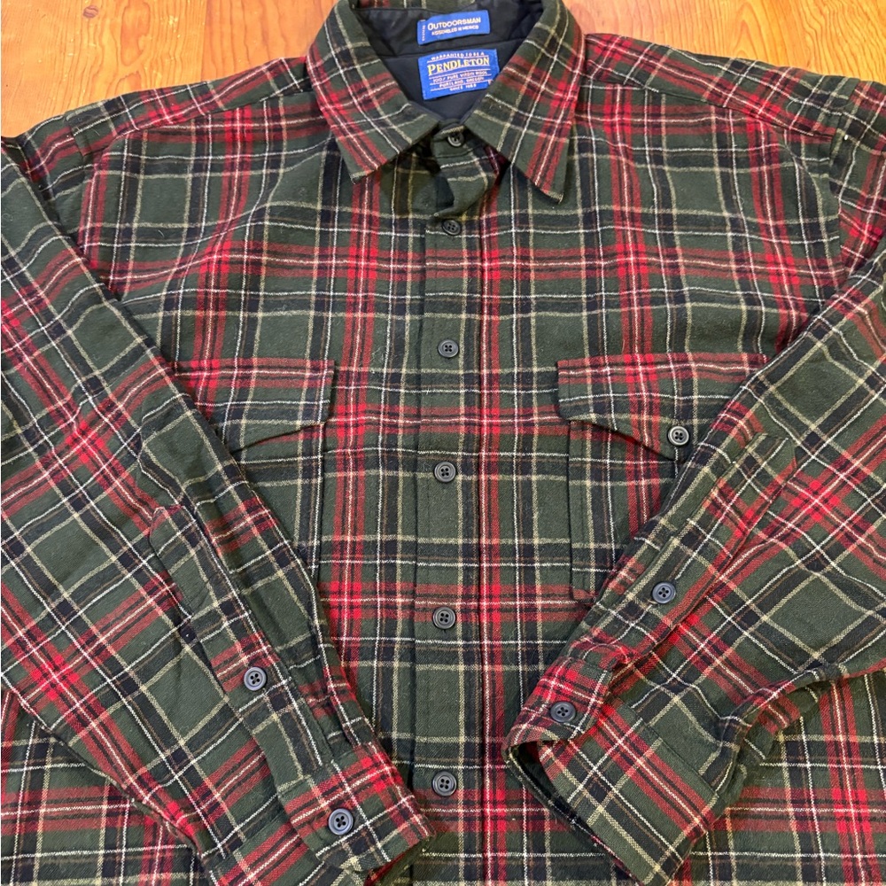 Pendleton Shirt Mens Large Green Virgin Wool Plaid Button Up Outdoorsman - Picture 2 of 8